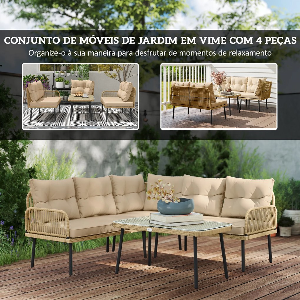 Conjunto de Jardim de Vime Sintético de 4 Peças Inclui 2 Sofás de 2 Lugares 1 Canto de Sofá 1 Mesa de Centro Madeira e Bege