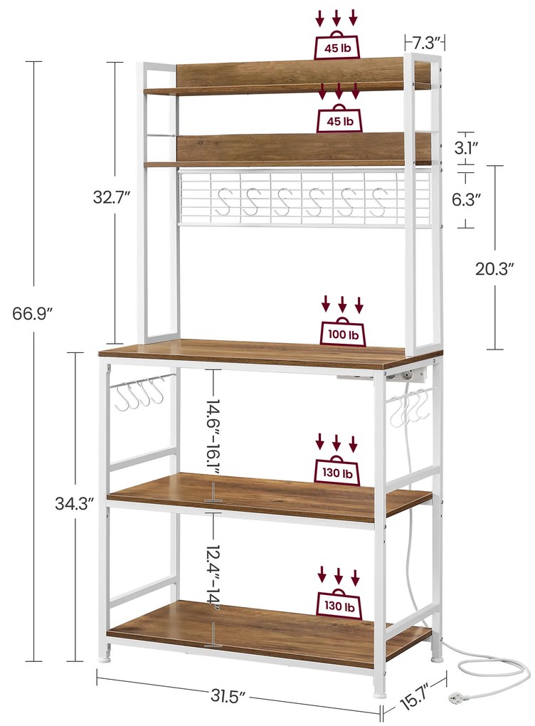Armário de cozinha com tomadas e prateleira de grelha c40 x 80 x 170 cm cor de nogueira-branco