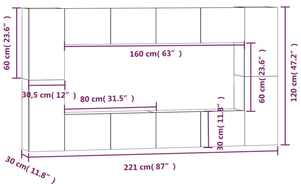 Conjunto móveis de TV 8 pcs madeira processada branco