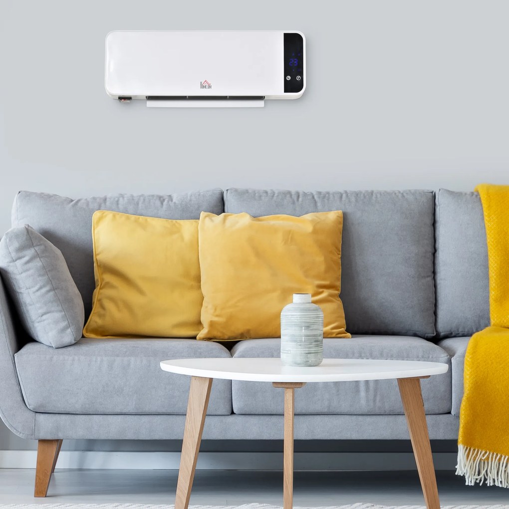HOMCOM Aquecedor Cerâmico de Parede 1000/2000W com Controle Remoto Tela LED Termostato Temporizador e Proteção contra Superaquecimento para 25m² 56x18,5x11,5cm Branco