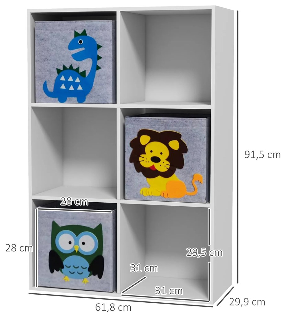 Estante para Brinquedos com 6 Compartimentos e 3 Caixas de Tecido não Tecido e Desenho de Animais 62x30x92cm Branco e Cinza