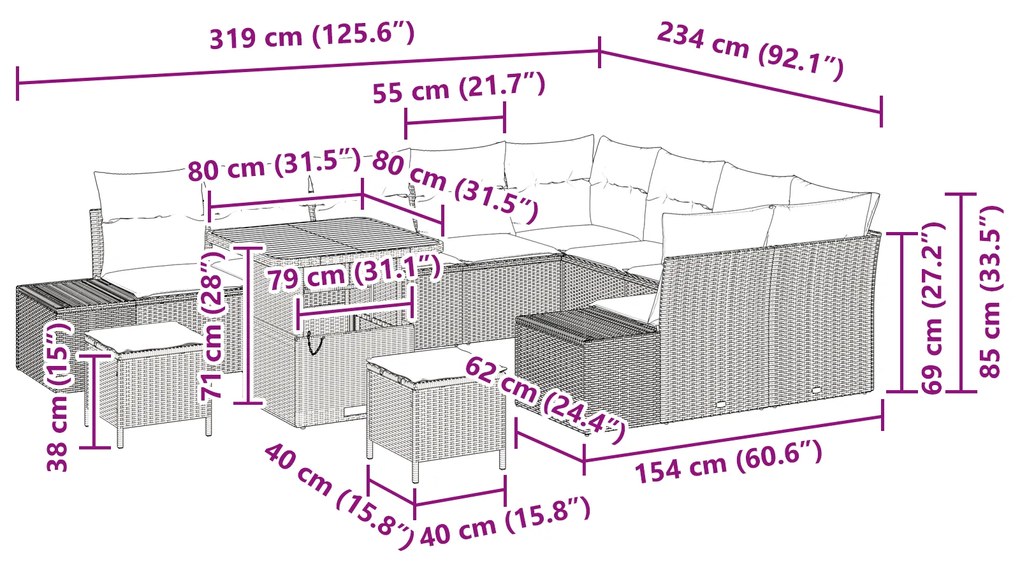 Conjunto de Sofá de Jardim de 12 Peças com Almofadas em Bege Rattan Po