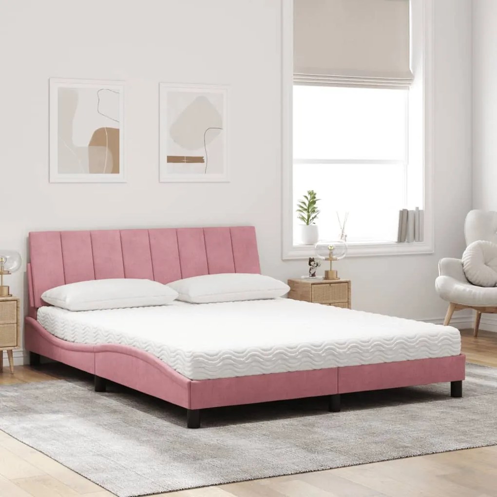 Cama com colchão 160x200 cm veludo rosa