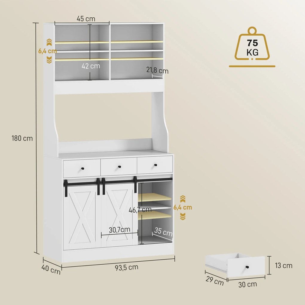 Armário de Cozinha com 2 Portas Corrediças 3 Gavetas Bancada para Micro-Ondas e Prateleiras Ajustáveis 93,5x40x180 cm Branco
