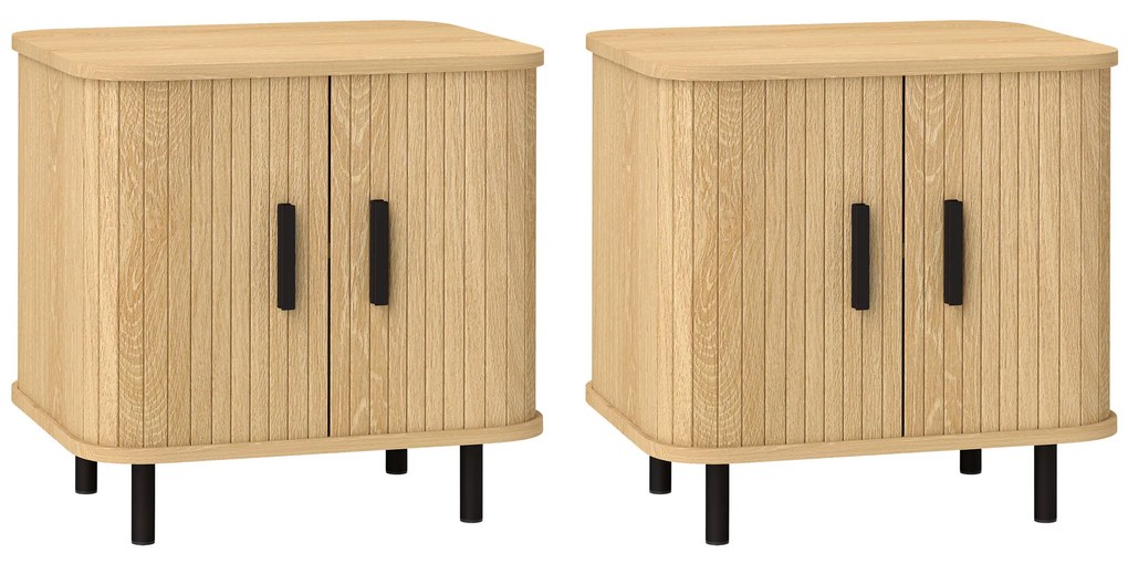 Conjunto de 2 Mesas de Cabeceira com Portas Deslizantes 2 Prateleiras e Pés em Aço Estilo Escandinavo 48x40x48 cm Madeira