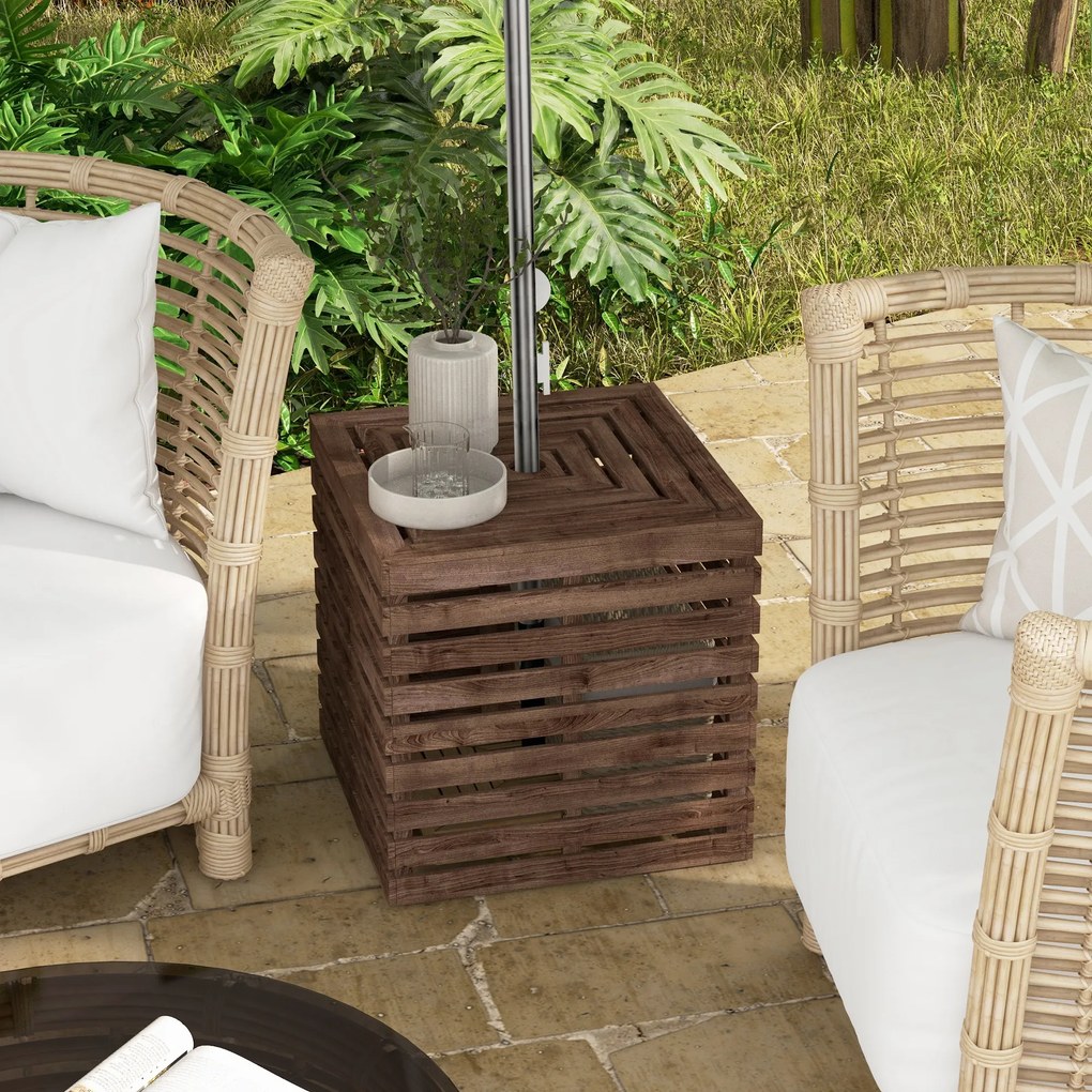 Caixa de arrumação exterior 2 em 1 para base de guarda-sol 50 x 50 x 50 cm, mesa auxiliar de terraço com orifício para guarda-sol em madeira castanho