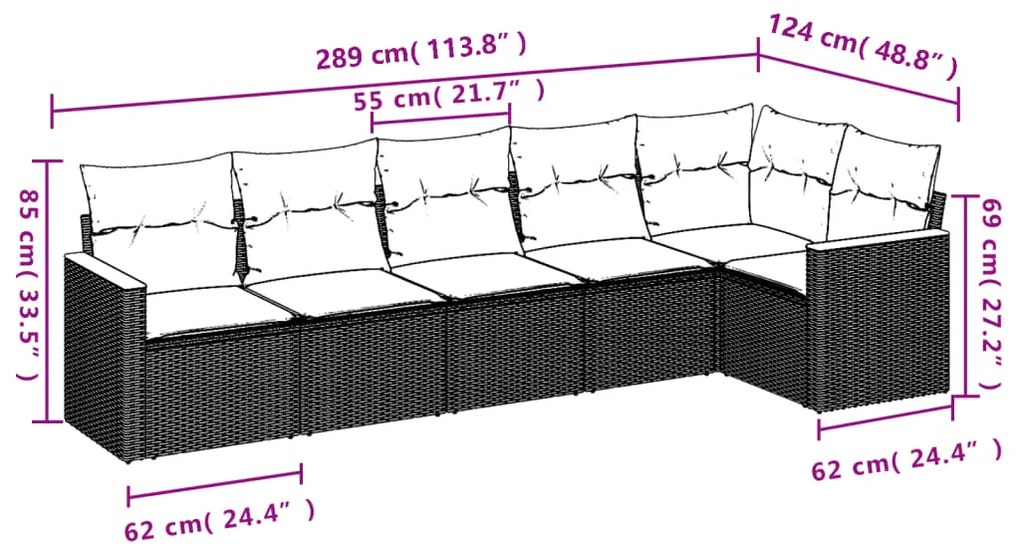 6 pcs conjunto de sofás p/ jardim com almofadões vime PE bege