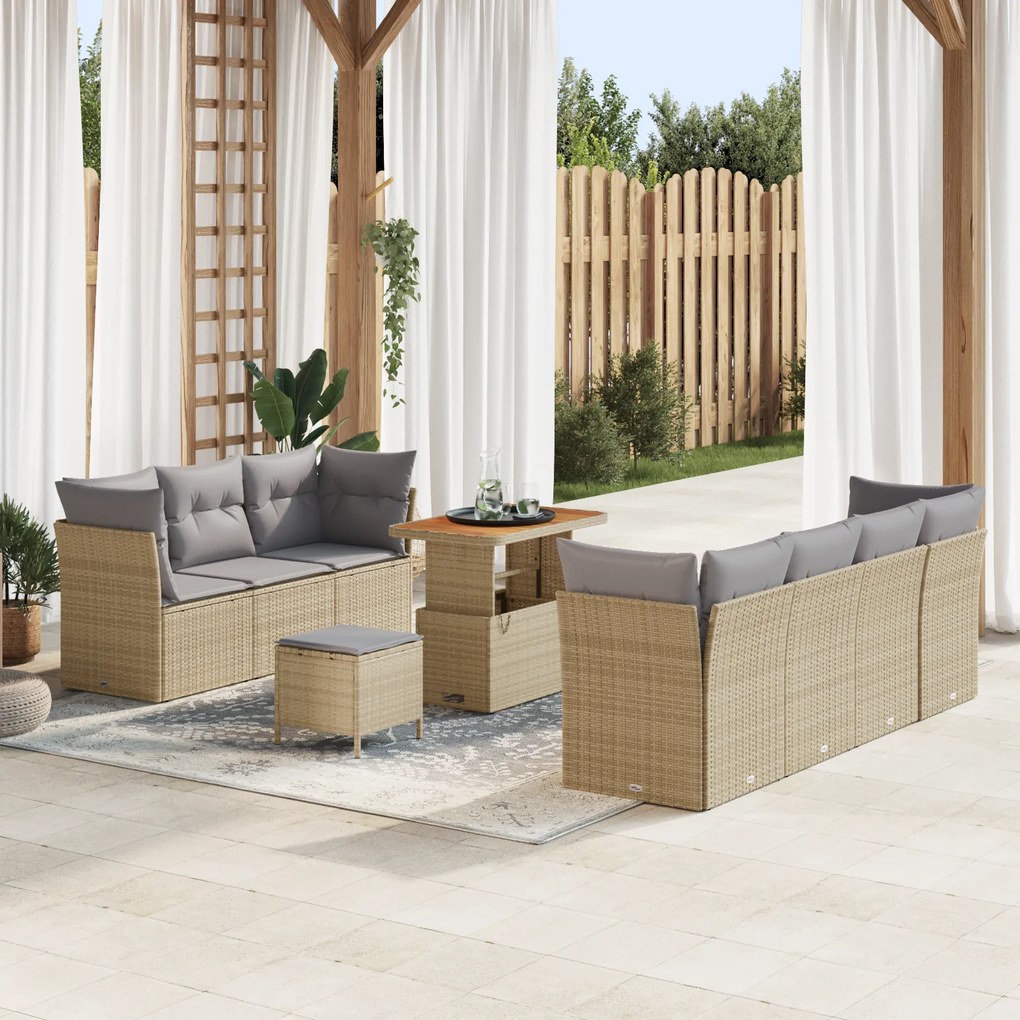 Conjunto de Sofás para Jardim de 10 Peças com Almofadas Bege Rattan Ac