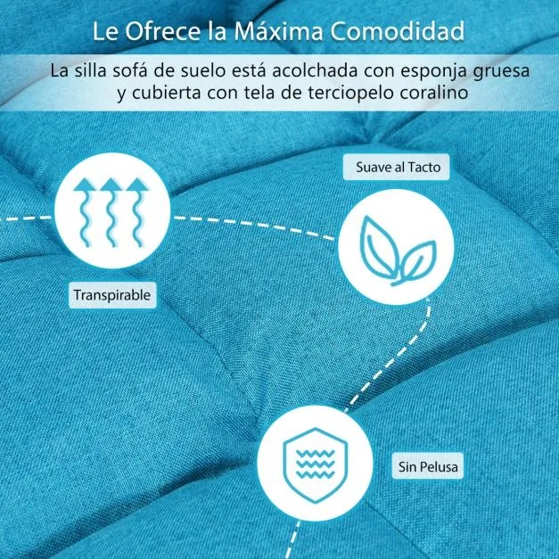 Sofá chão dobrável Costas ajustáveis 14 posições Cadeira de quarto Sala de estar 105 x 56 x 15 cm Turquesa