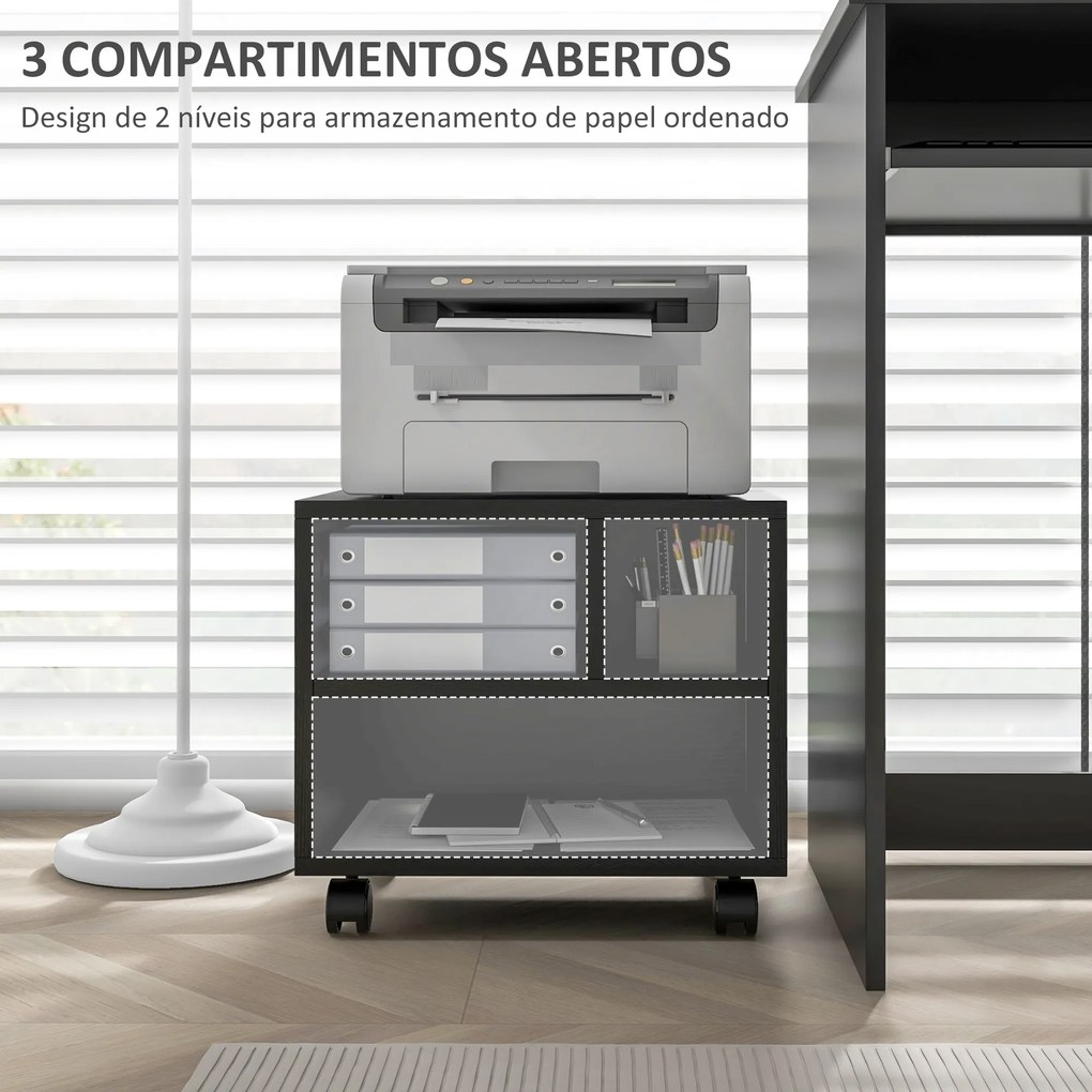 Móvel para Impressora com Rodas Suporte para Impressora com Compartimentos Abertos para Escritório Estúdio 40x30x36 cm Preto