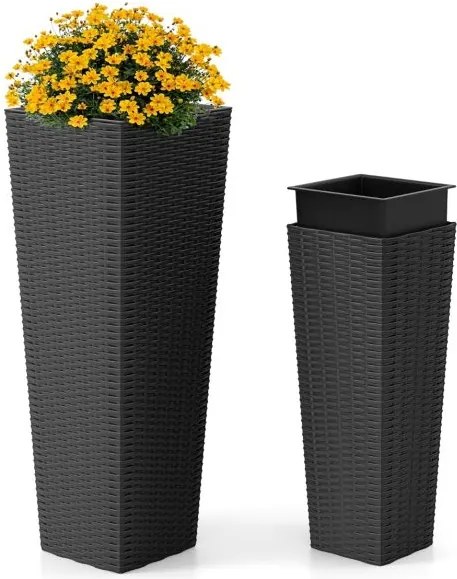 Conjunto de 2 vasos jardim em rattan, 2 peças, vasos grandes para exterior com orifícios de drenagem removíveis, Pretos