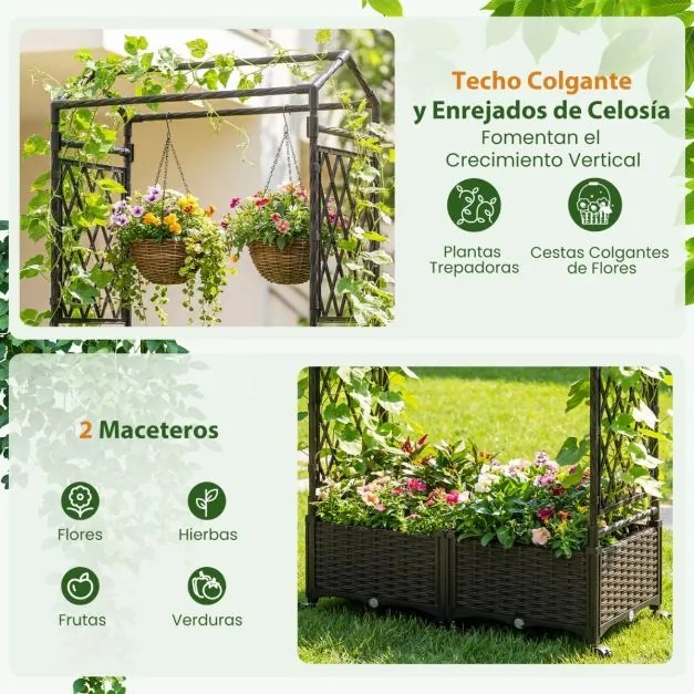Floreira de jardim 81 x 40 x 162 cm com rega automática, com treliça e rodas bloqueáveis em rattan para plantas trepadeiras, tomates ou flores, castan
