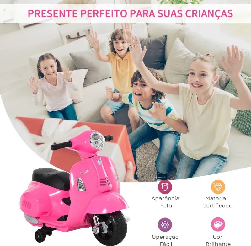 Mota elétrica 6V ara crianças 1,5 a 3 anos com licença faróis buzina e 4 rodas 66,5x38x52 cm Rosa