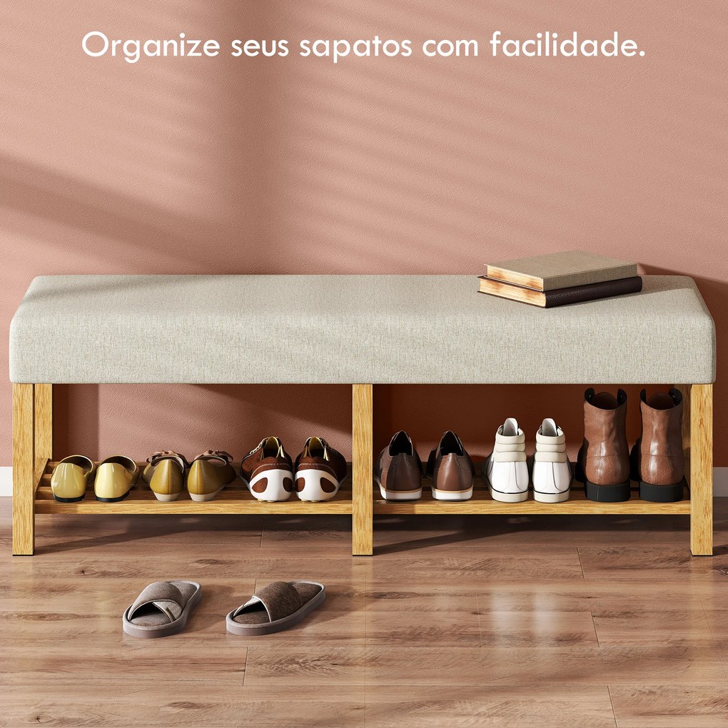 Banco Sapateira com Assento Acolchoado para 2 Pessoas Prateleira Aberta Estrutura de Madeira 140x44x48 cm Creme e Madeira