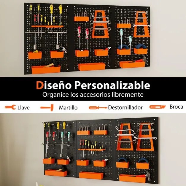 Organizador de parede Ferramentas (Não Incluidas) 120 x 60 x 2 cm com painel perfurado com 9 recipientes Preto e laranja