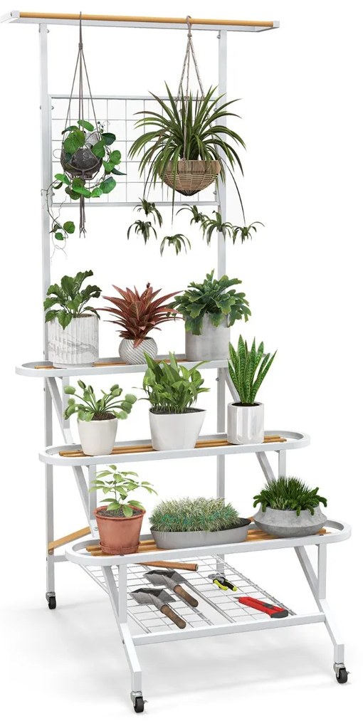 Estante para plantas de 4 níveis com estrutura metálica com rodas, escada e barra 80 x 85 x 175 cm para sala de estar, varanda e pátio Branco