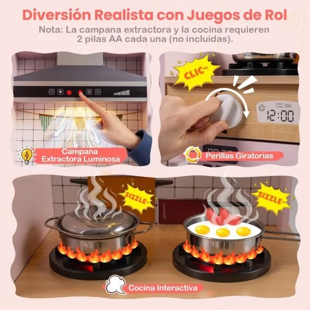 Cozinha de brincar dupla face em madeira 73 x 55 x 98 cm com dispensador de água, micro-ondas e utensílios simulados, luzes e sons, para maiores de 3