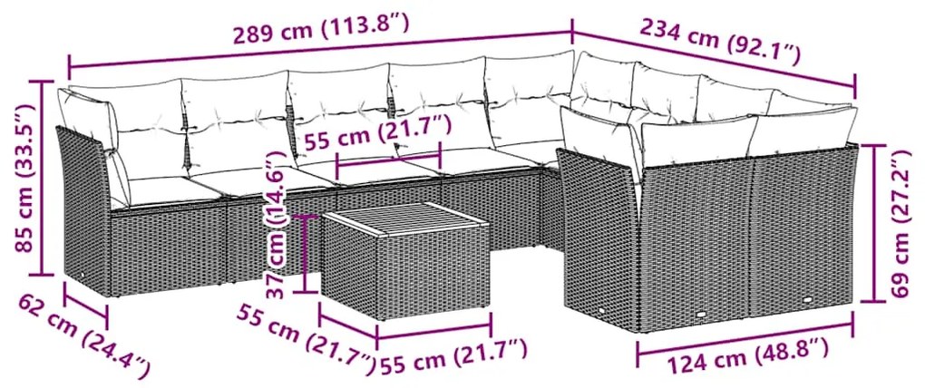 10 pcs conjunto sofás de jardim c/ almofadões vime PE preto