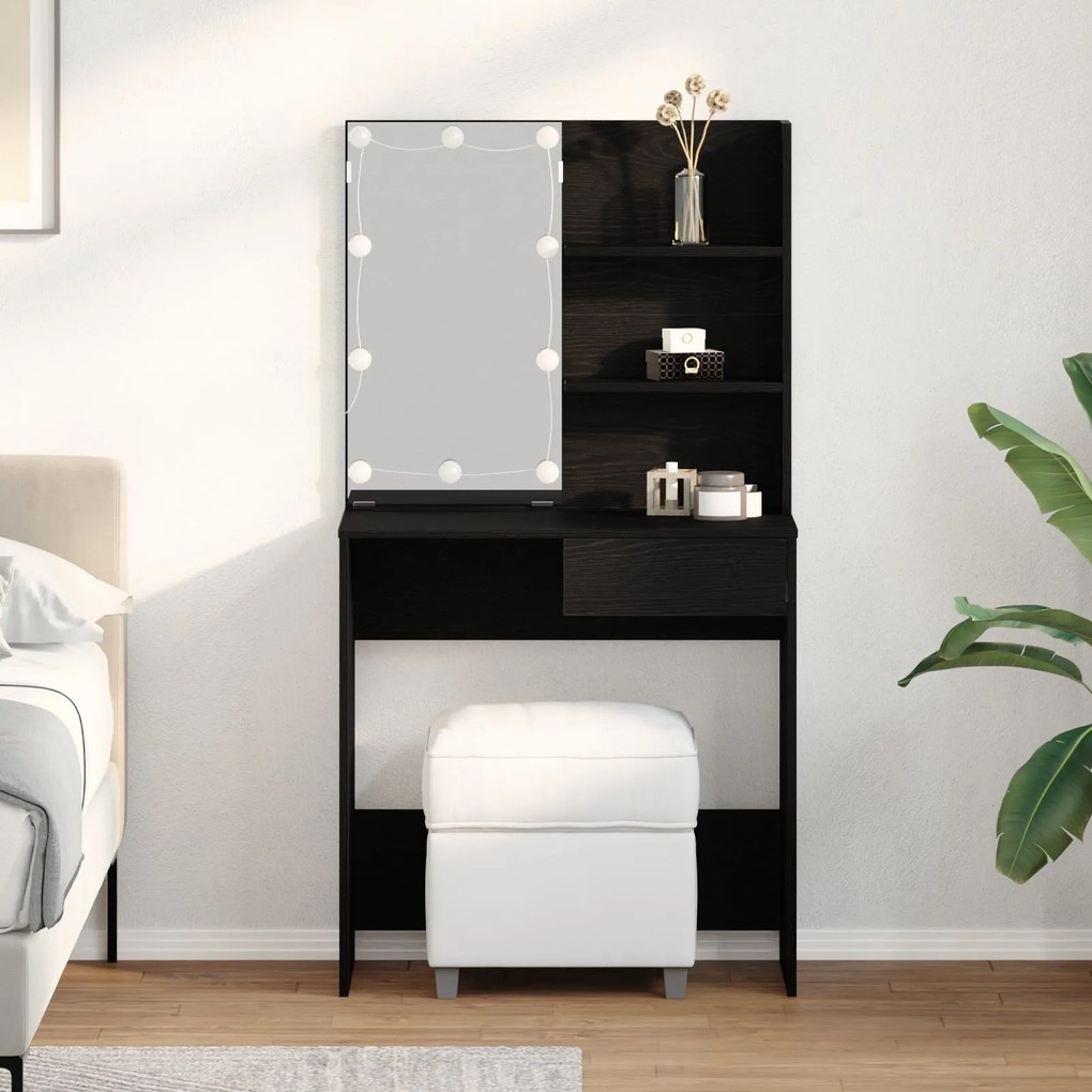 Mesa de Maquilhagem LED em Carvalho Preto - 71 x 40 x 141 cm, Feita co