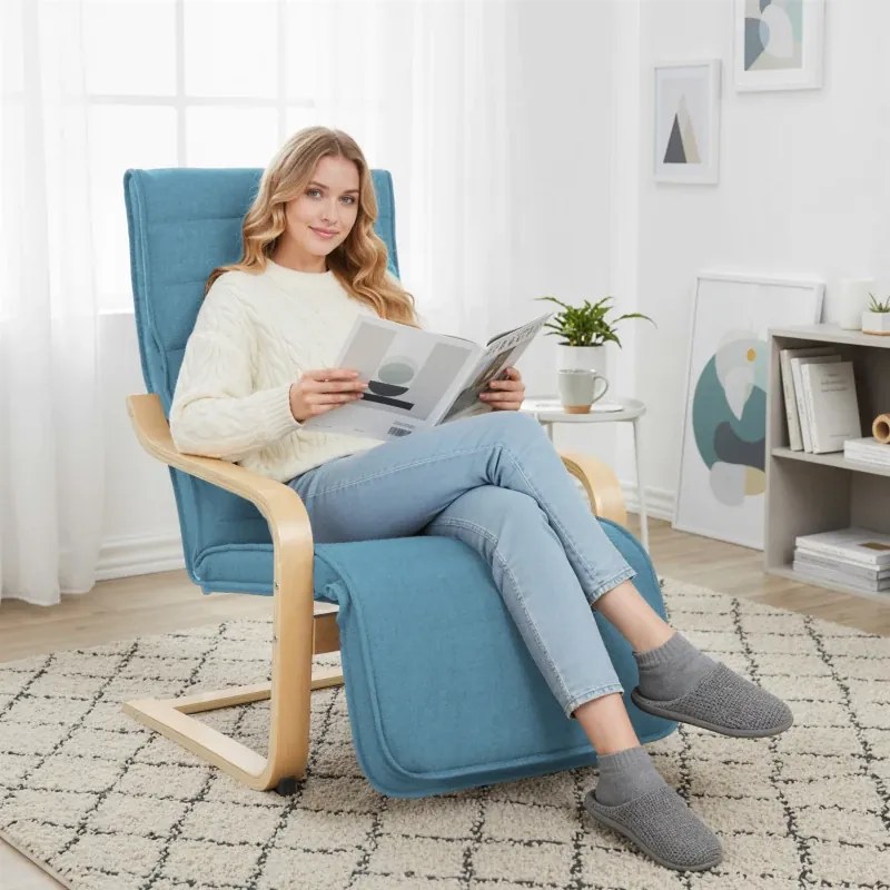 Poltrona Relax com Apoio para os Pés Ajustáveis Poltrona Estofada em Tecido com Estrutura de Madeira 66,5x94x100 cm Azul