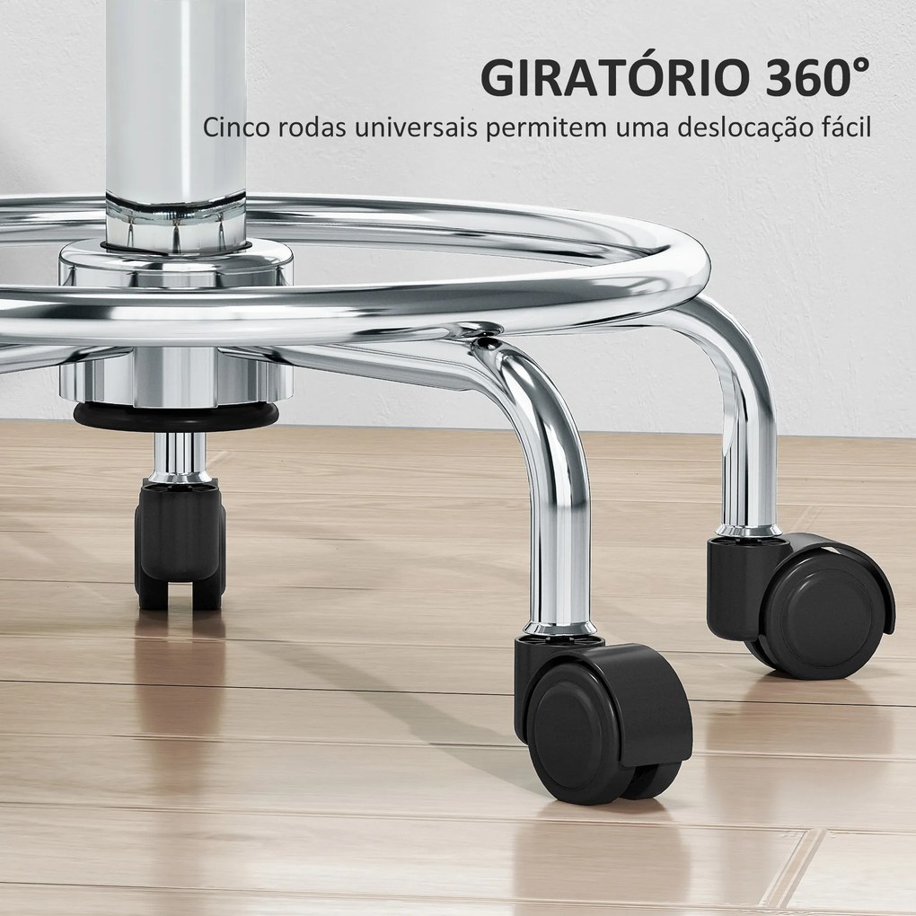 Banco Giratório com Rodas Altura Regulável 50-66 cm Assento Estofado em Imitação de Couro  34x34x50-66 cm Cinzento