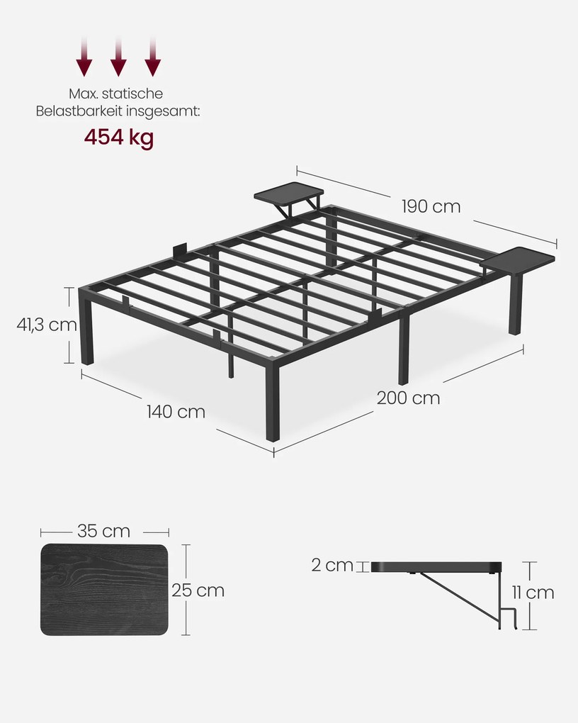 Estrutura da cama em metal 200 x 140 com 2 prateleiras práticas preto