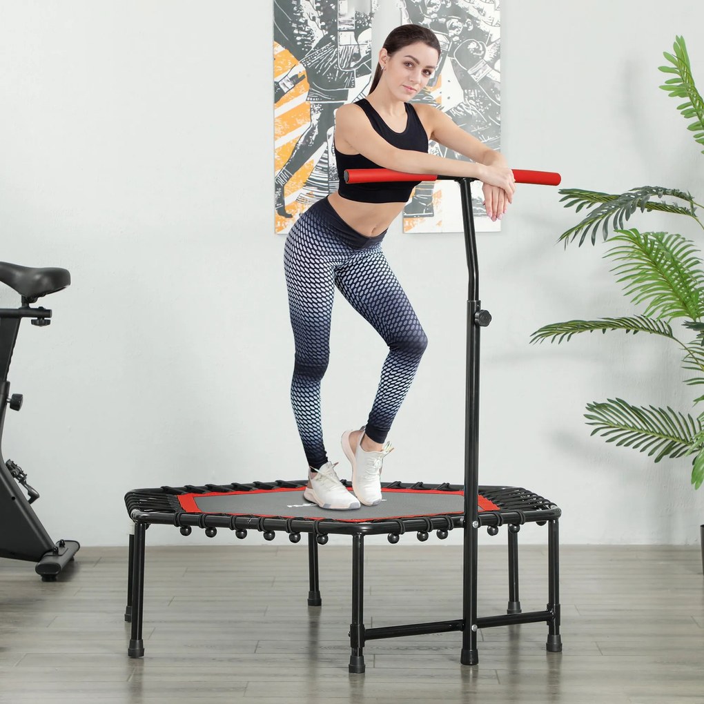 Trampolim de fitness de 114 cm, cordas elásticas, pega ajustável em 3 posições, trampolim de exercício silencioso, vermelho