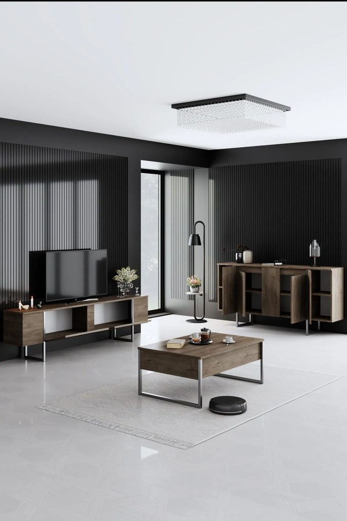 Conjunto de Mobiliário de Sala de Estar Luxe – Nogueira e Prateado – M