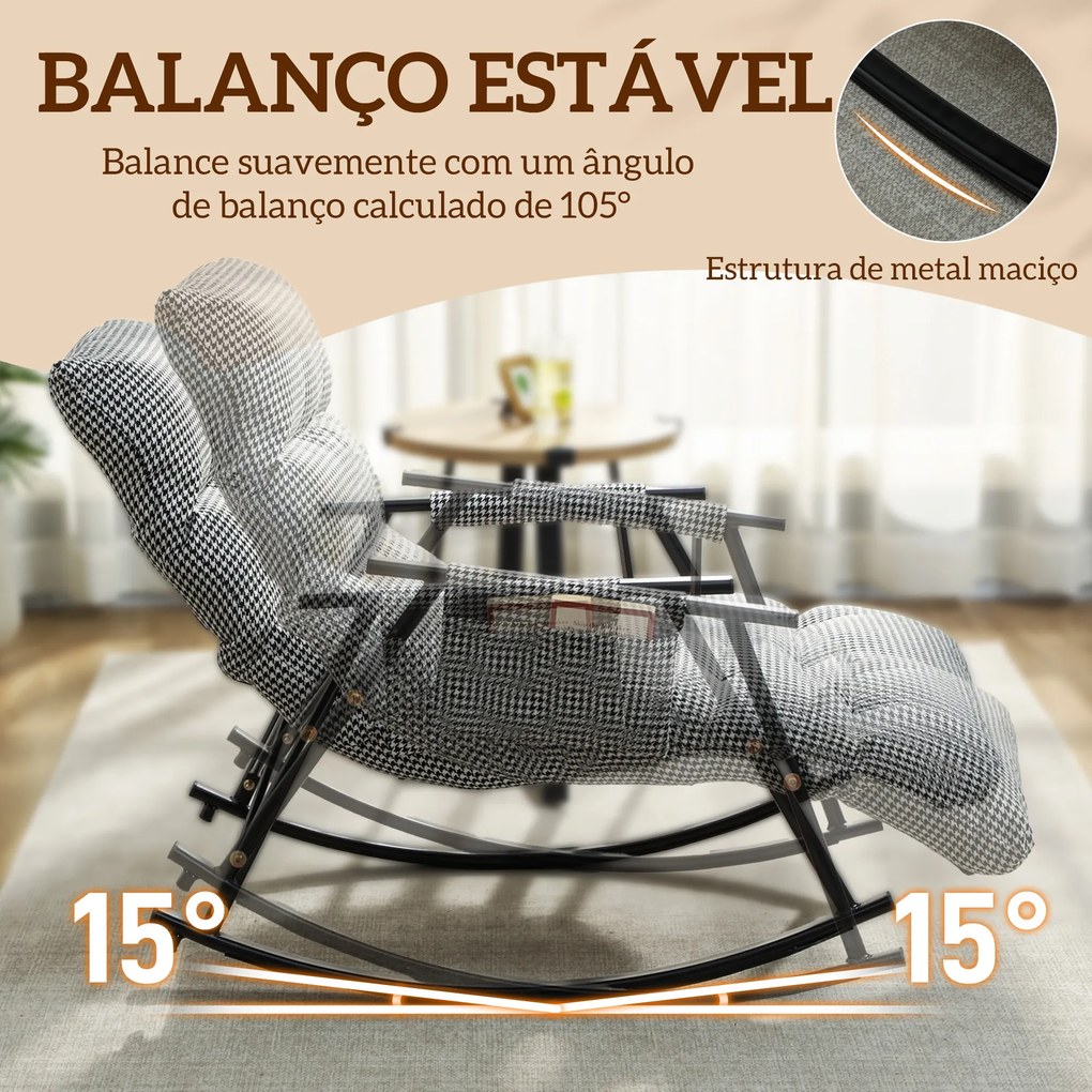 Poltrona Baloiço com Encosto e Apoia-Pés Ajustáveis 105° Estofada em Linho com Bolso Lateral e Estrutura de Metal Preto e Branco