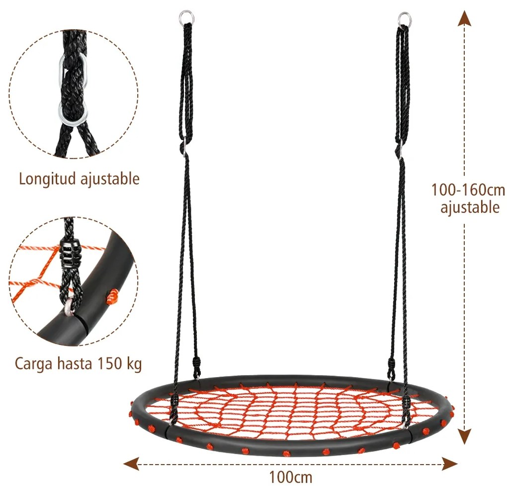 Baloiço Infantil Rede Redonda com Cordas Ajustáveis Ideal para Parque Infantil Jardim de Árvores 100 cm Laranja