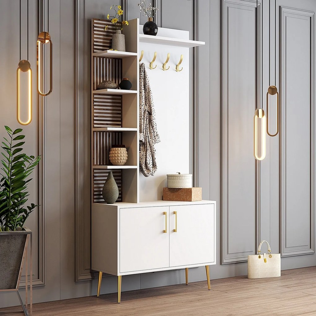 Hall Stand Viyana – Branco/Dourado – 90 cm x 35 cm x 202 cm