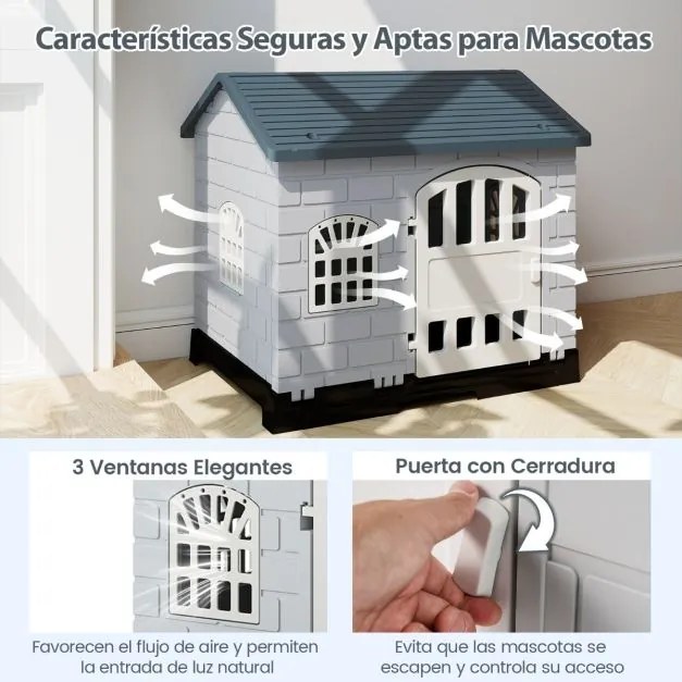 Casota dobrável 75 x 58 x 65 cm de plástico para cães resistente às intempéries para animais de estimação com bandeja sanitária Porta Cinzento escuro