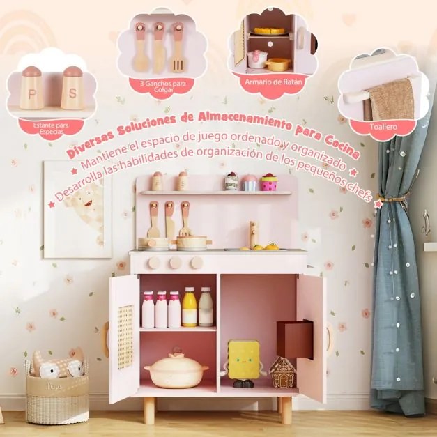Cozinha infantil de madeira 52 x 31,5 x 73 cm com máquina de gelo realista e armazenamento para crianças com mais de 3 anos Rosa