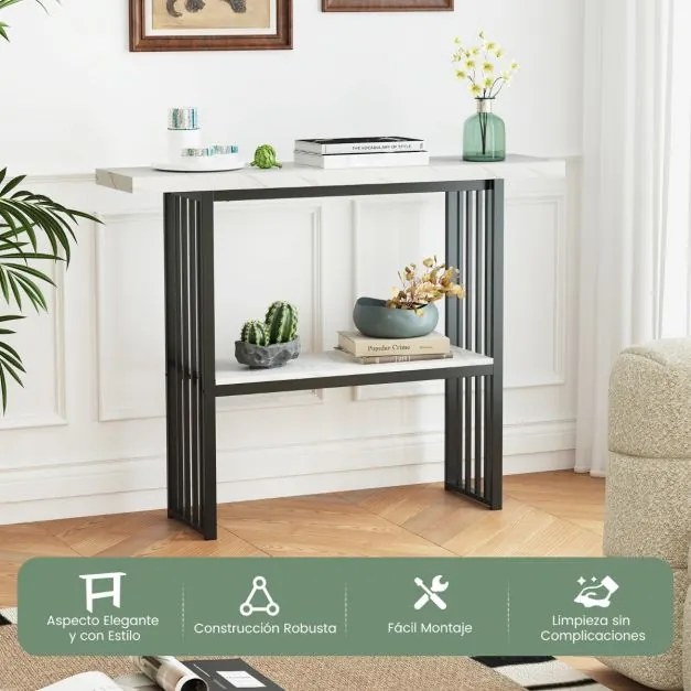 Mesa de 2 níveis com prateleira aberta, estrutura em aço dourado para sala de estar ou corredor, 120 x 29,5 x 92,5 cm, preto e branco