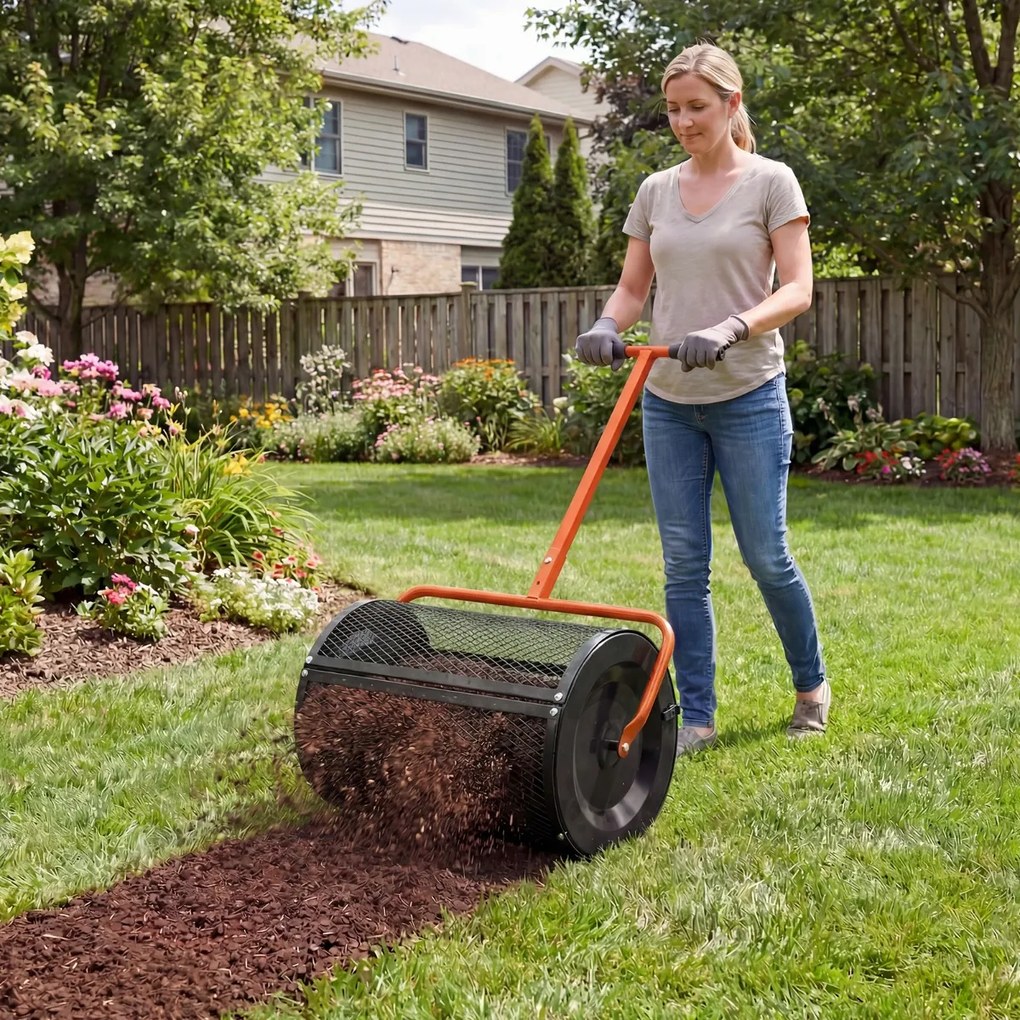 Espalhador de composto para Jardim de 31 cm com rolo para turfa e cabo em T ajustável em altura, com cesto de malha metálica para jardim ou relvado, L