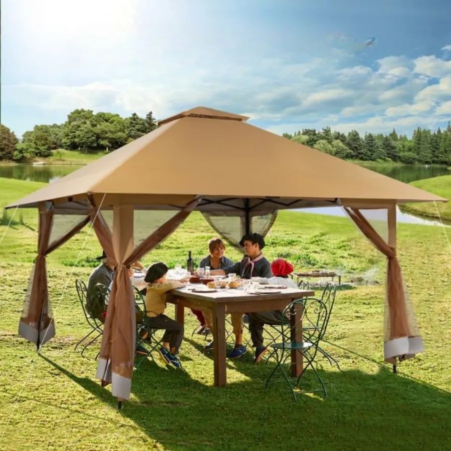 Pergula dobrável 4 x 4 m com redes mosquiteiras Altura ajustável Telhado duplo para jardim Cor cáqui