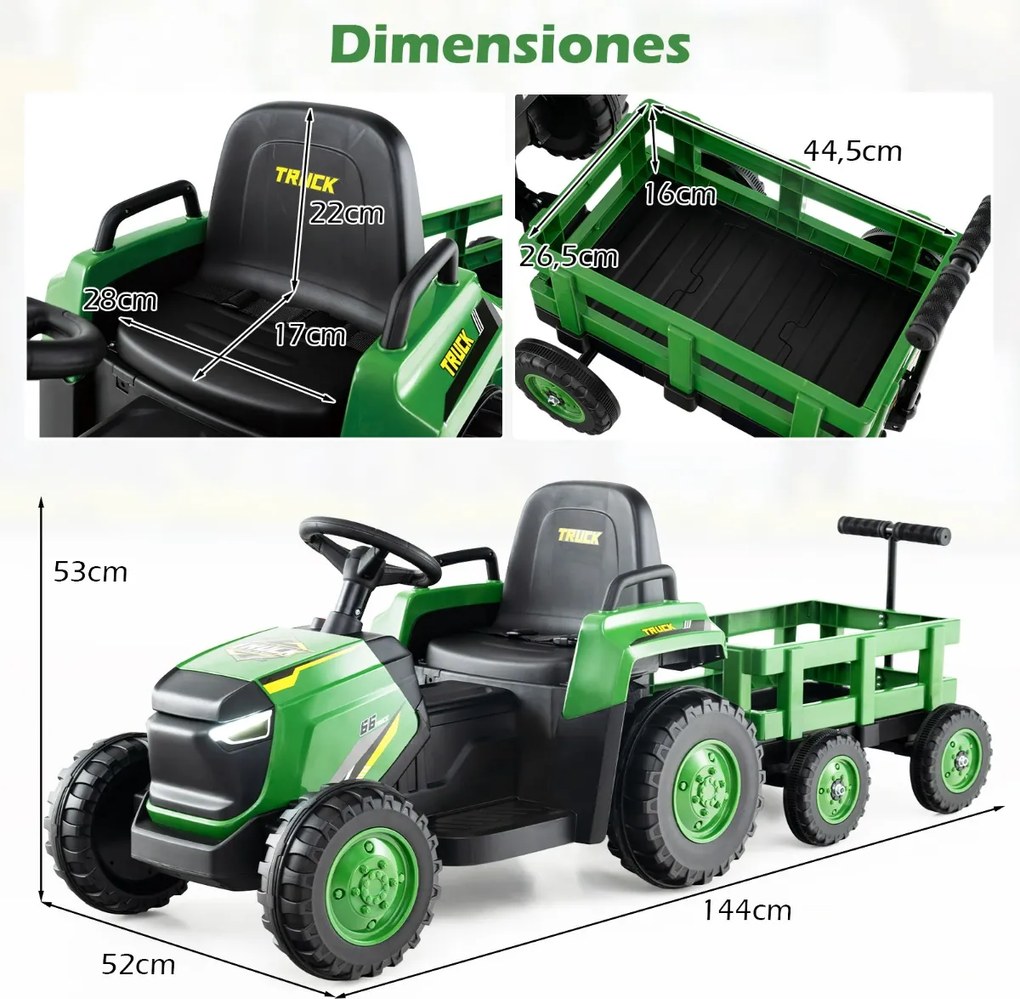 Trator Elétrico para crianças de 12V com Reboque Desmontável Comando à Distância Faróis LED Buzina Música Arranque Verde Escuro