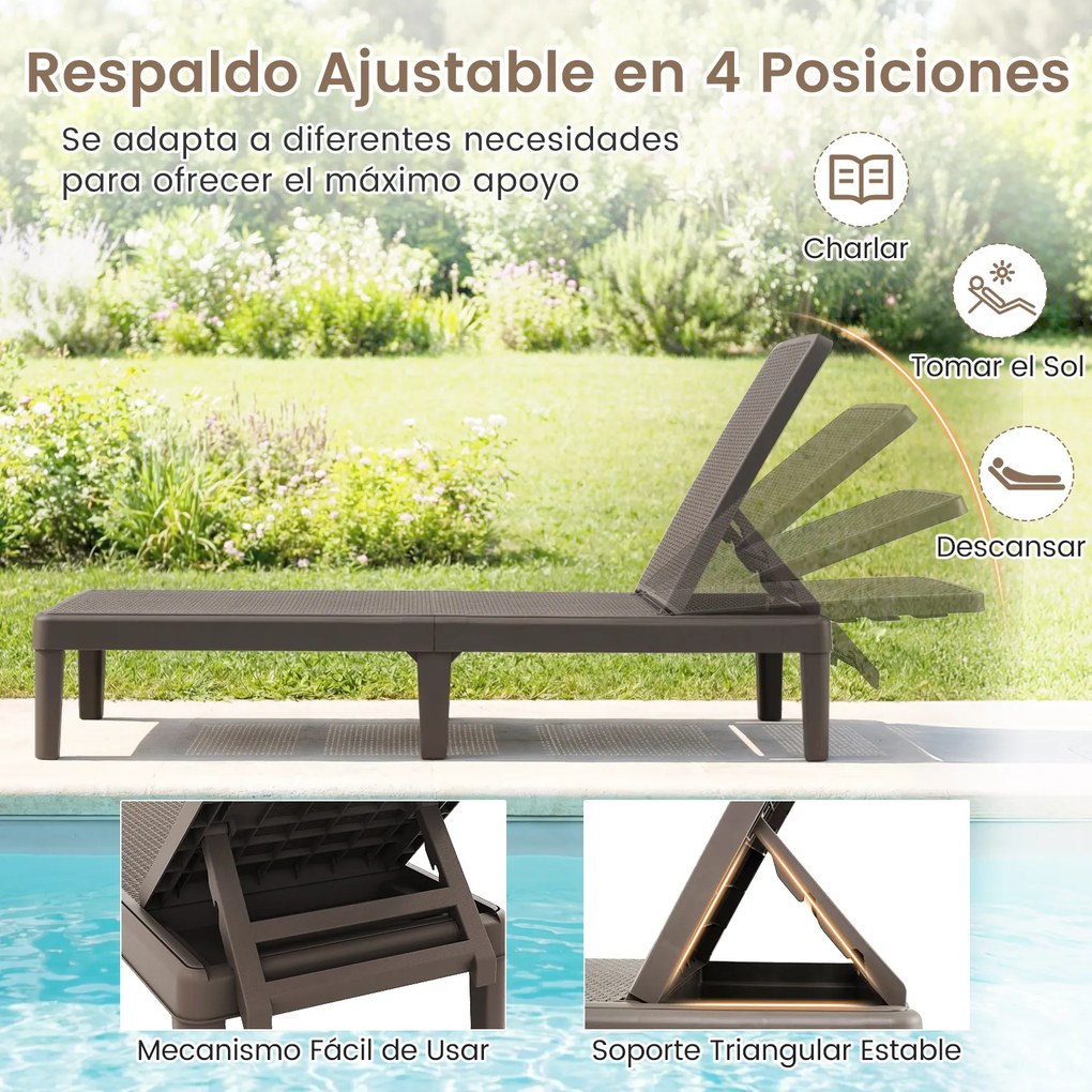 Conjunto de 2 espreguiçadeiras em PP com encosto ajustável em 4 posições, pés elevados e capacidade de carga de 150 kg, para terraço ou pátio, cor Cas