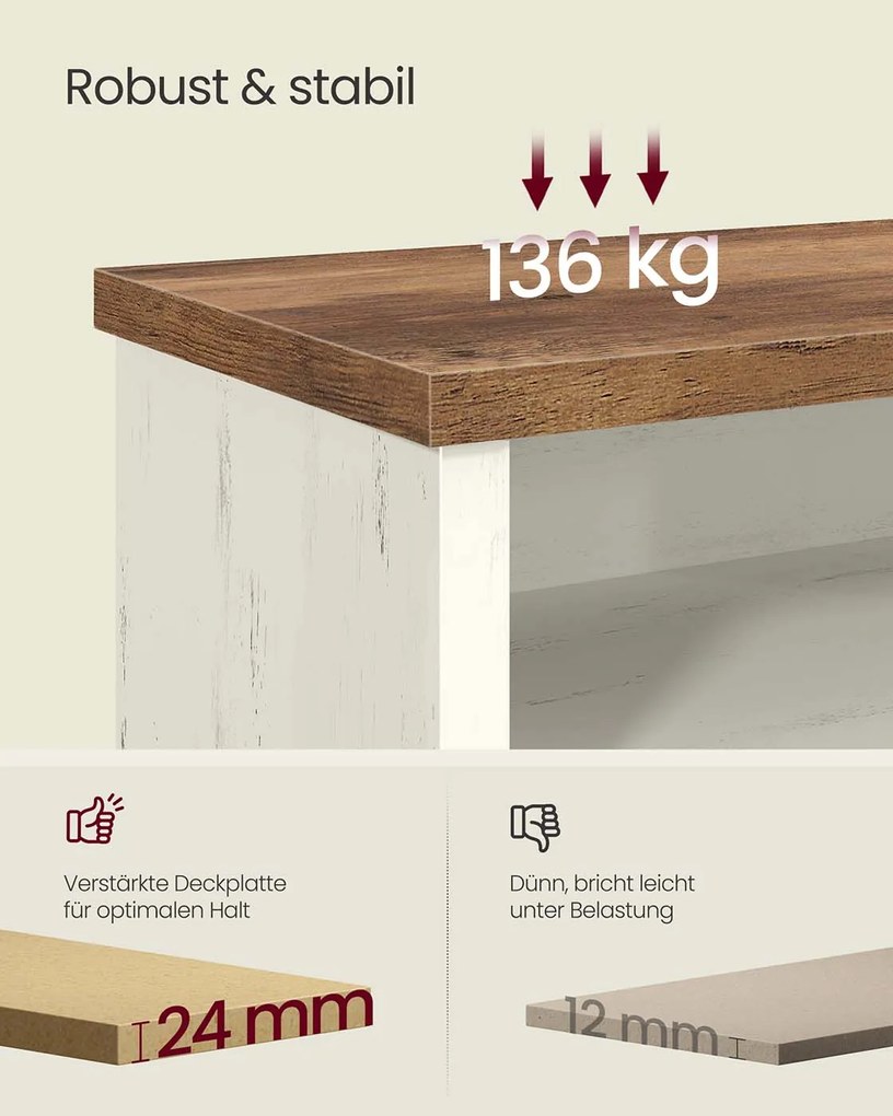 Banco sapateira 29,5 x 100 x 50 cm com espaço de arrumação e prateleiras ajustáveis branco vintage-castanho mel