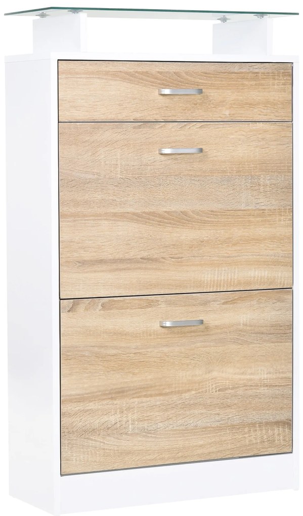 HOMCOM Sapateira de 2 Portas Sapateira Estreito para 12 Pares de Sapatos com Gaveta e Bancada de Vidro  60x24x105,5cm Branco
