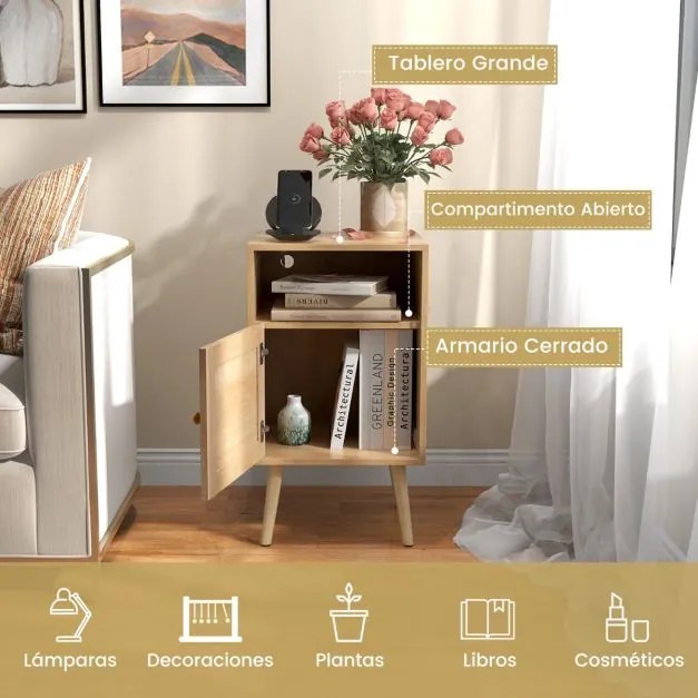 Mesa cabeçeira ou de apoio com Estante e Porta Decorada em Rattan PE para Quarto Sala de Estar 40 x 39 x 70 cm Natural