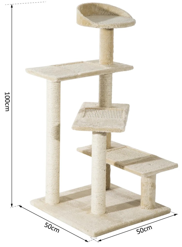 Árvore para gato Poste para arranhar com cama de plataforma e cobertor de sisal de veludo bege - 50x50x100cm