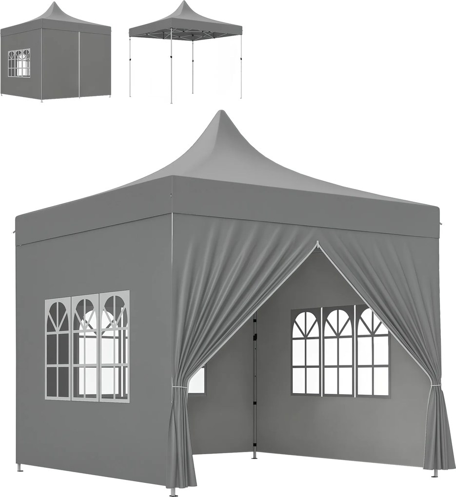 Tenda de jardim dobrável 3 x 3 m, 4 paredes laterais removíveis, 3 janelas, altura ajustável, saco de transporte cinzento
