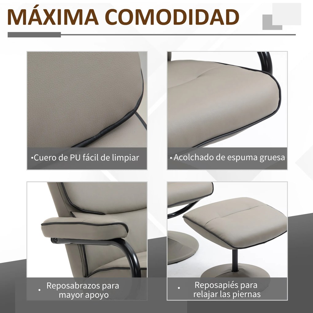 HOMCOM Poltrona Relax com Banco para Apoiar os Pés Poltrona Relax Giratória Reclinável em até 135° Estofada em PU 75x84x100cm Cinza