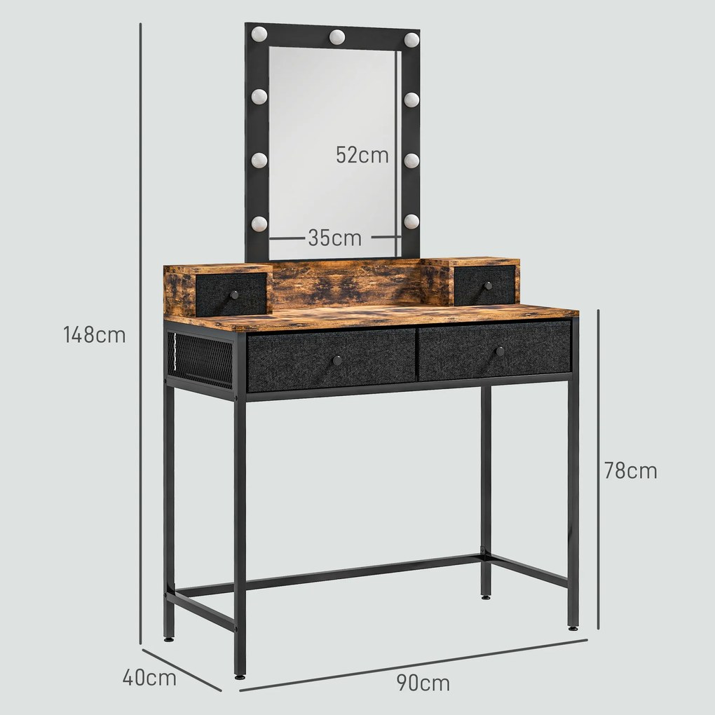 Toucador com espelho LED ajustável integrado 90 x 40 x 148 cm base em metal preto - 4 gavetas forradas a tecido castanho rústico