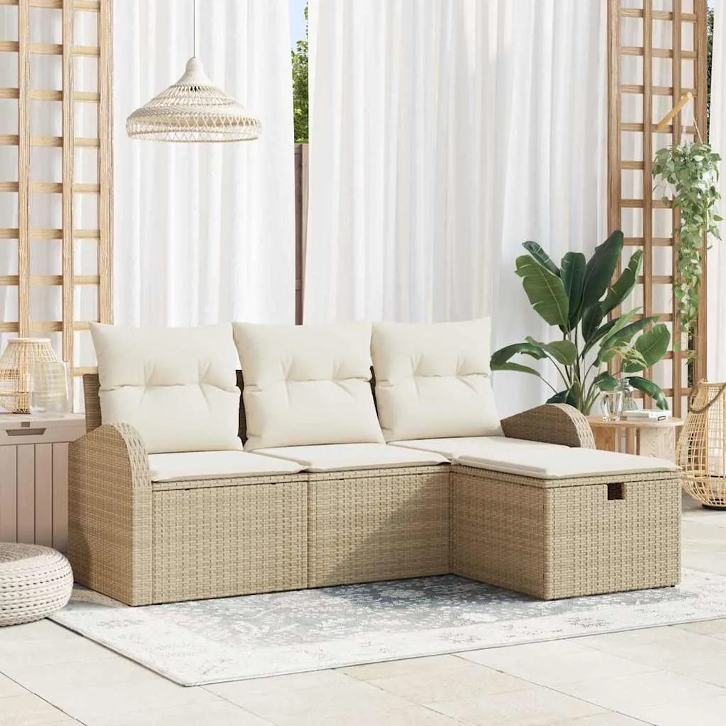 vidaXL Conjunto de Sofá de Jardim de 4 Peças com Almofadas Bege Rattan PE