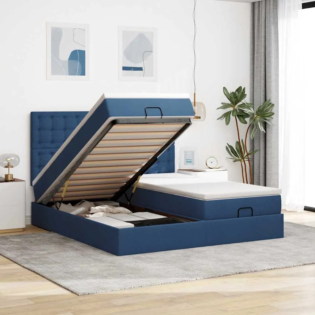 vidaXL Estrutura de cama otomana com colchões 200x200cm tecido azul
