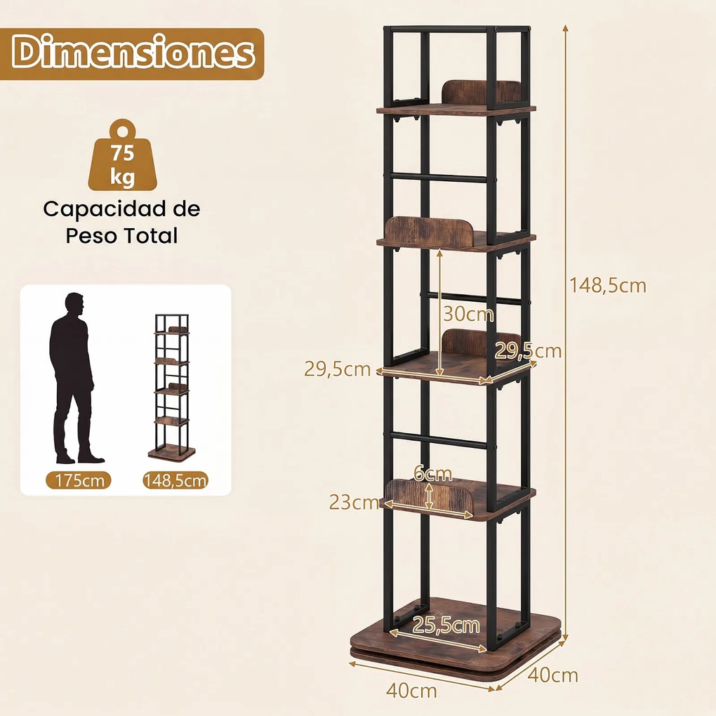 Estante Giratória de Arrumação, 40 x 40 x 148,5 cm, Rotação de 360°, Castanho+Preto