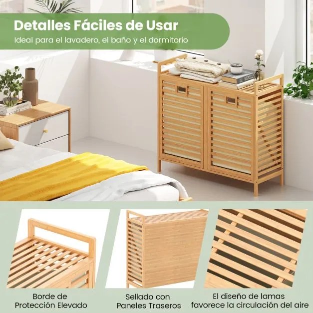 Cesto de roupa suja duplo 80 x 30 x 72 cm com abertura de bambu de 75 L com 2 cestos removíveis Natural