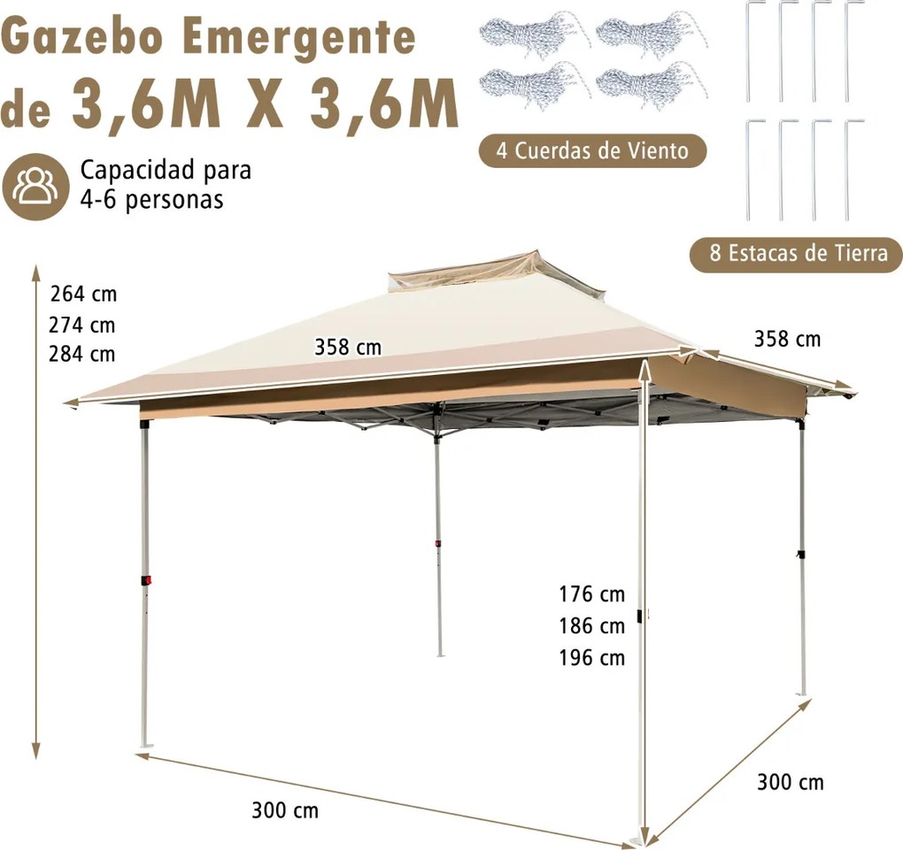 Pérgula jardim dobrável 3,6 x 3,6 m impermeável com 4 redes mosquiteiras em 4 lados e parte superior ventilada Caqui